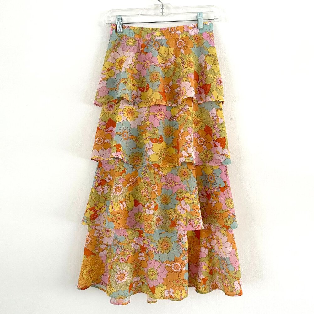 Show Me Your MuMu Jasmine Tiered Ruffle Hibiscus Daze Skirt S - Picture 2 of 7